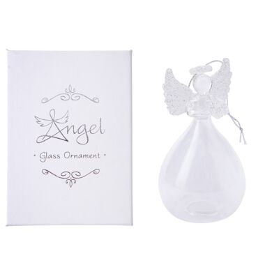 Glass Silver Heart Hanging Angel with Feather