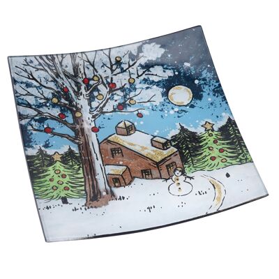 Christmas Cabin Glass Small Square Plate