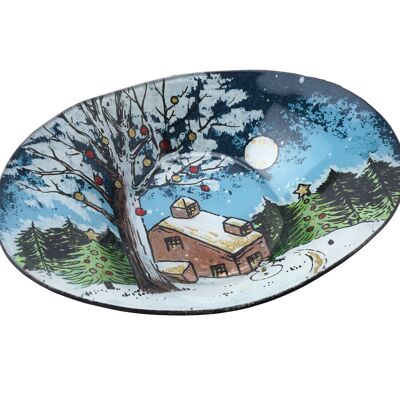 Christmas Cabin Glass Large Oval Bowl