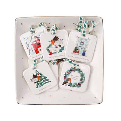 Winter Robin 6 Asst Ceramic Hangers and Display