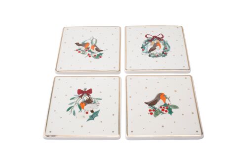 4 Assorted Ceramic Winter Robin Coasters