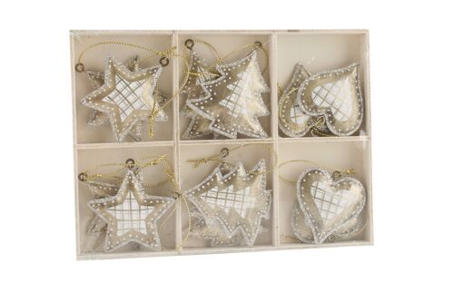 Box Of 12 Hanging Metal Tree/Heart/Star Gold & Sil