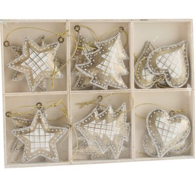 Box Of 12 Hanging Metal Tree/Heart/Star Gold & Sil