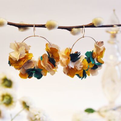 Gold Filled hoop earrings and bohemian and delicate silk Beige / Yellow / Duck blue