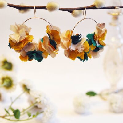Gold Filled hoop earrings and bohemian and delicate silk Beige / Yellow / Duck blue