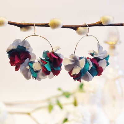 Gold Filled hoop earrings and bohemian and delicate silk Gray / Fuchsia / Duck blue