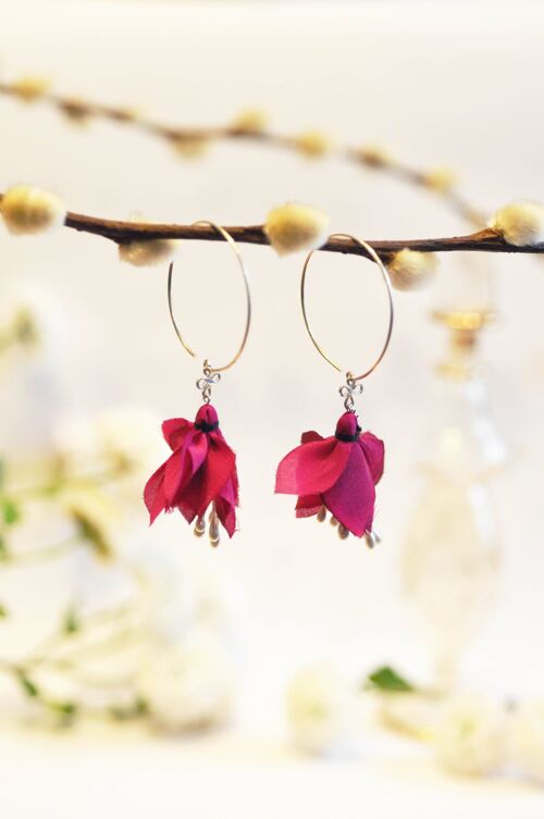 Boucles fleurs - tons chauds et argent massif Fuchsia