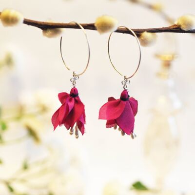 Flower earrings - warm tones and solid silver Fuchsia