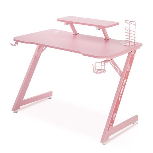 IWMH Gaming Computer Desk 110 cm with Carbon Fiber Desktop and Storage Shelf PINK