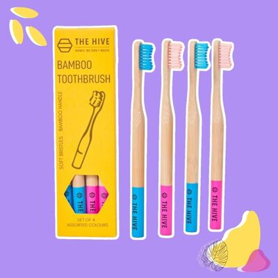 The Hive Set of 4 Bamboo Toothbrushes - Blue & Pink