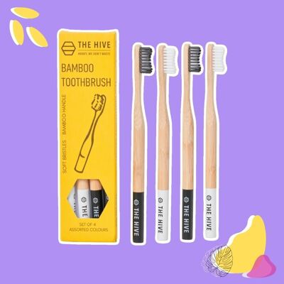 The Hive Set of 4 Bamboo Toothbrushes - Black & White
