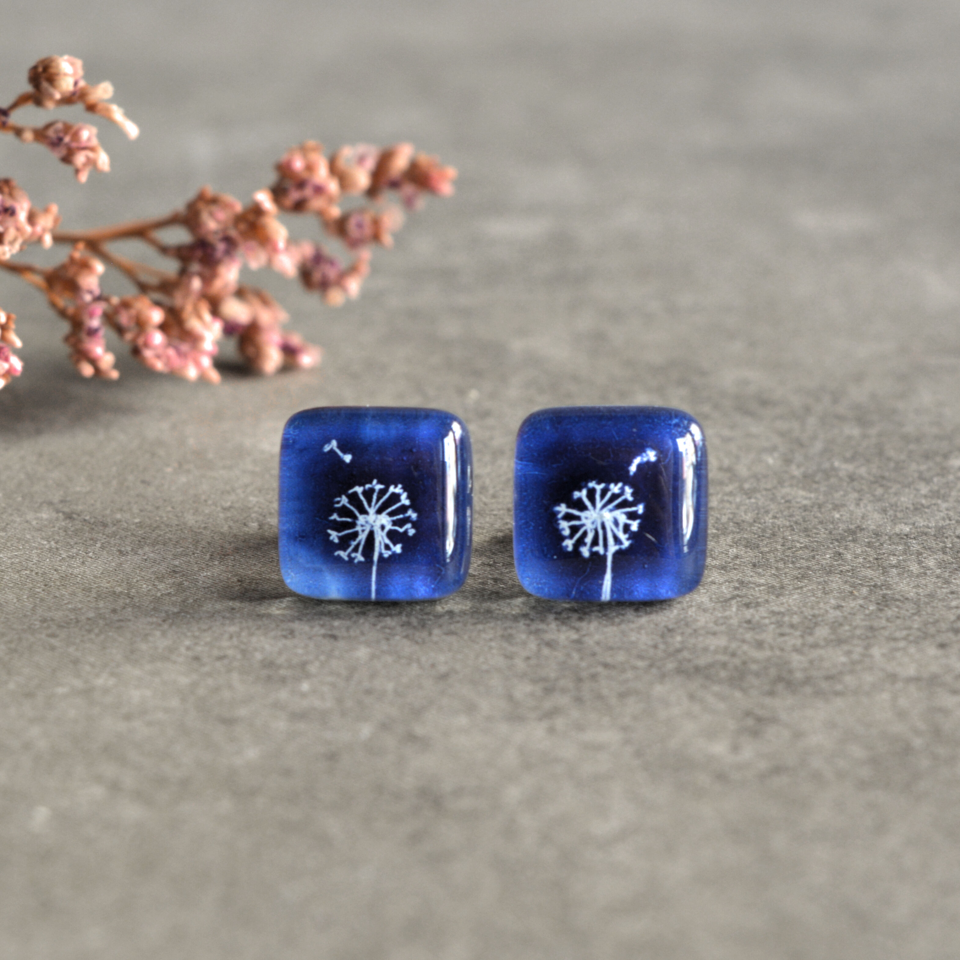 Cobalt Blue Dandelion Stud Earrings