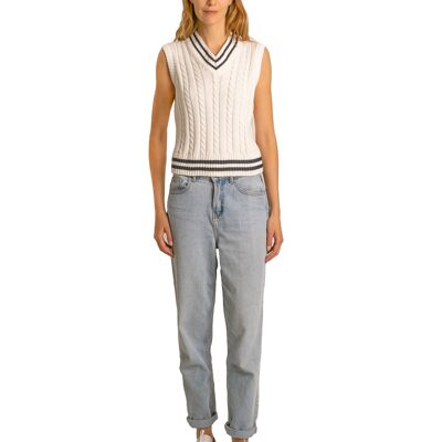 Brunella Gori Women's Sleeveless Cricket Vest Sweater in 100% Organic Cotton White Navy Blue