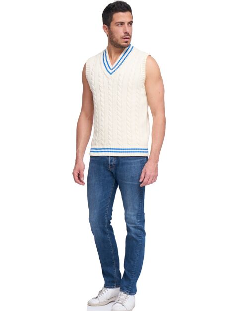 Brunella Gori Gilet Scollo V Cricket da Uomo Senza Maniche in 100% Cotone Orgnaico Colore Panna e Blu Cina