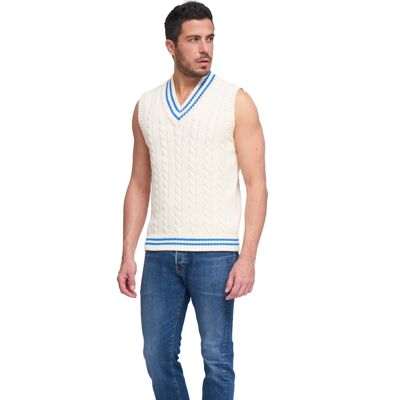 Brunella Gori V-Neck Cricket Vest for Men Sleeveless in 100% Orgnaico Cotton Cream and China Blue