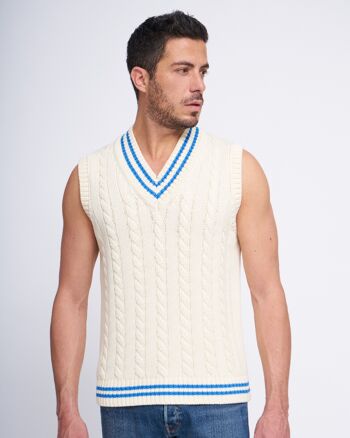 Brunella Gori V-Neck Cricket Vest pour Homme sans manches en 100% Coton Orgnaico Crème et Bleu de Chine 4