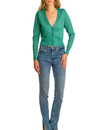 Brunella Gori Cardigan Top Lurex Court Femme avec boutons Couleur Vert Jade 3