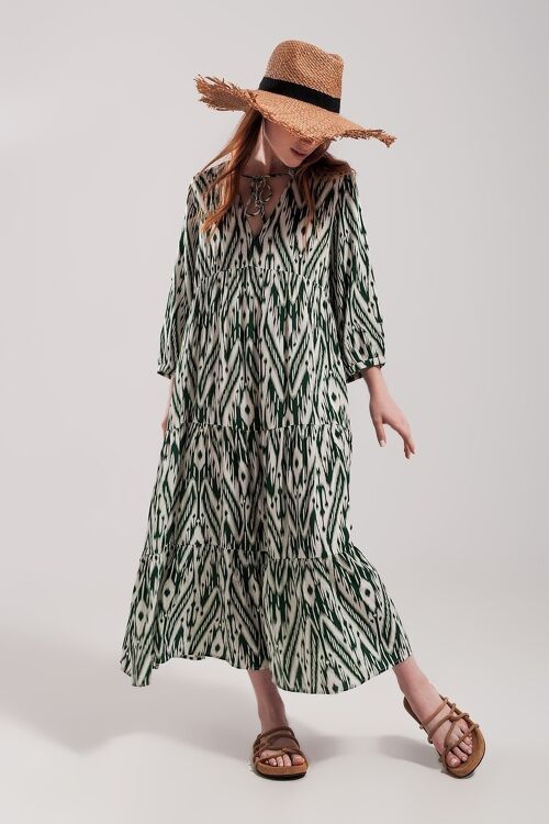 Long sleeve tiered dress in green print