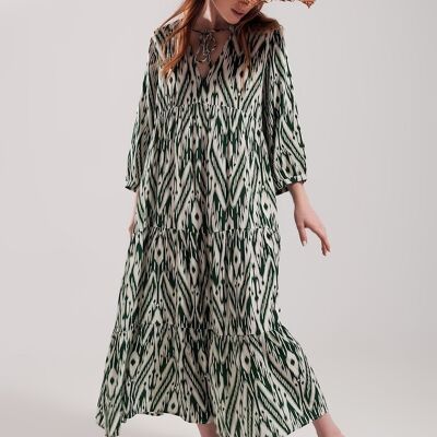 Long sleeve tiered dress in green print