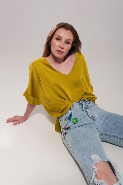 Satin short sleeve top in lime green