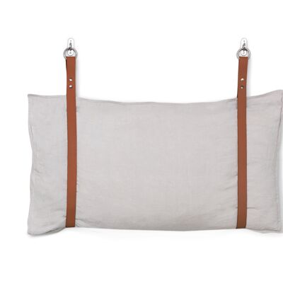Leather Bench Cushion Strap Headboard Bed Pillow Bracket, Single Strap ONLY - Tan - Black Leather/Gold Rivets