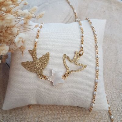 Stainless steel chain necklace swallows brass star mother-of-pearl