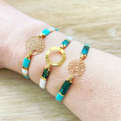 Pulsera de perlas de vidrio turquesa, verde y blanco, modelo Árbol de la vida de verano