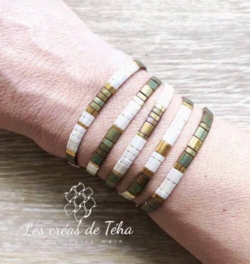 Bracelet Huira kaki, ivoire et doré en perles de verre et cordon Modèle 1