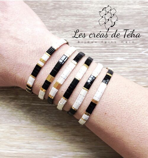 Bracelet Huira noir ivoire et doré en perles de verre et cordon Modèle 3