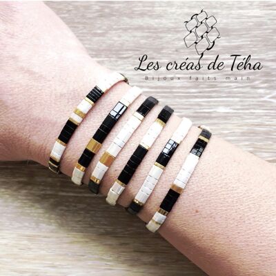 Bracelet Huira noir ivoire et doré en perles de verre et cordon Modèle 3