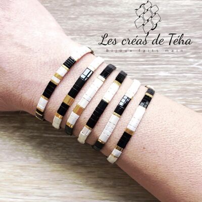 Pulsera Huira de marfil negro y oro en cuentas de vidrio y cordón Modelo 5