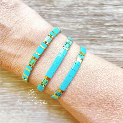 Turquoise and gold Huira bracelet in glass beads and cord Model 1