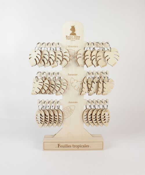 30 porte-clés Feuilles tropicales + Présentoir - (made in France) en bois de Bouleau