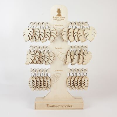 30 llaveros Hojas Tropicales + Expositor - (hecho en Francia) en madera de Abedul