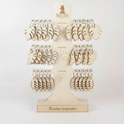30 Tropical Leaves keychains + Display stand - (made in France) in Birch wood