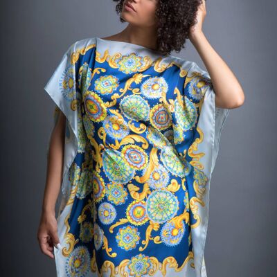 Kaftan dress in silk satin with belt Blue-Yellow Color