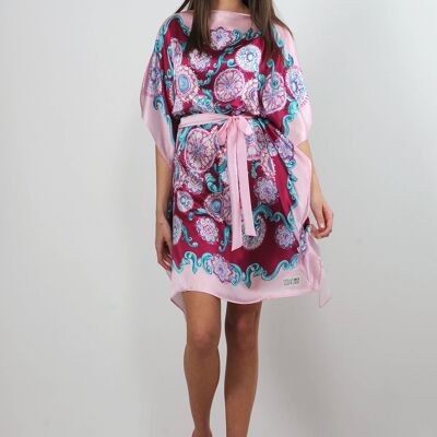 Kaftan dress in silk satin with belt Color Raspberry-Aqua