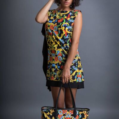 Short dress in silk crepe de chine - baroque print Color Black-Gold