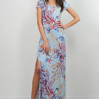 Long jersey dress with side slit - marine print