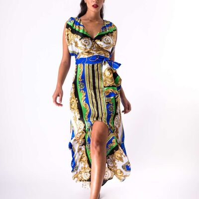 Langes Kleid aus Seidensatin mit überkreuztem Oberteil Farbe Bluette Gold