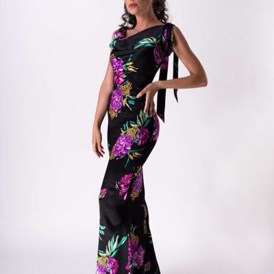 Long dress in stretch satin with knotted straps