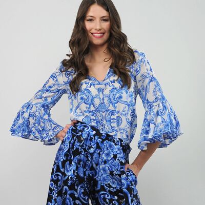 Bluse mit Ärmeln und Rüschen - Barockdruck Blaue Farbe