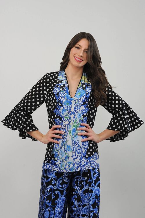 Blusa con maniche e ruches - stampa pois con barocco