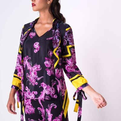 Silk blouse with 7/8 sleeves and neckline with bow Color Black Magenta
