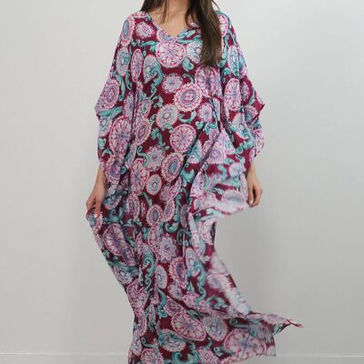 Long kaftan in muslin - majolica print Raspberry-Aqua color