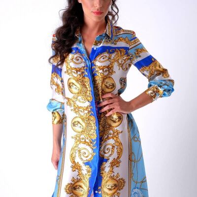 Long shirt dress in silk satin - foulard print