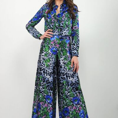 Silk satin trousers - animal print with flowers