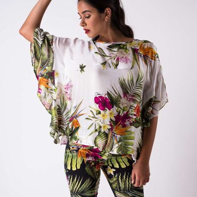 Silk satin poncho with ruffles - tropical print