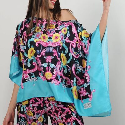 Silk twill poncho - baroque foulard print