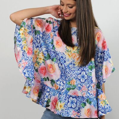 Silk twill poncho with ruffles - Majestic print Blue color